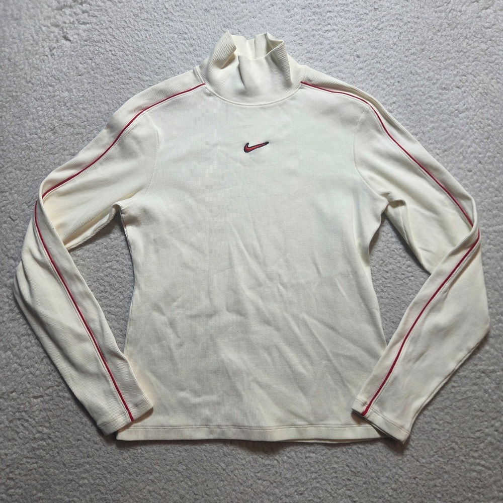 Nike Mock Neck Top Women Size M Ivory Red Stripe Ribbed Long Sleeve Athleisure